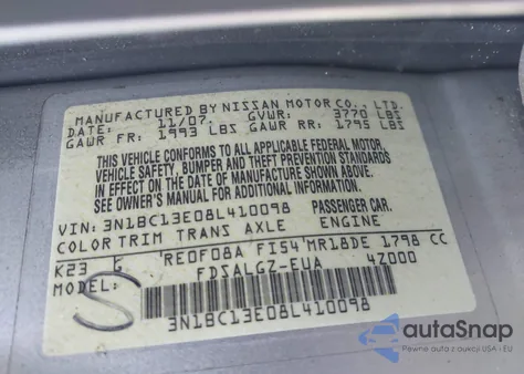 2008 Nissan Versa 1.8Sl z USA, uszkodzony, nr VIN 3N1BC13E08L410098